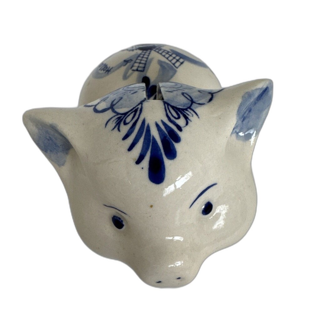 Vtg Delft Blue White Ceramic Hand Painted Piggy Bank Pig Holland Windmill Gift